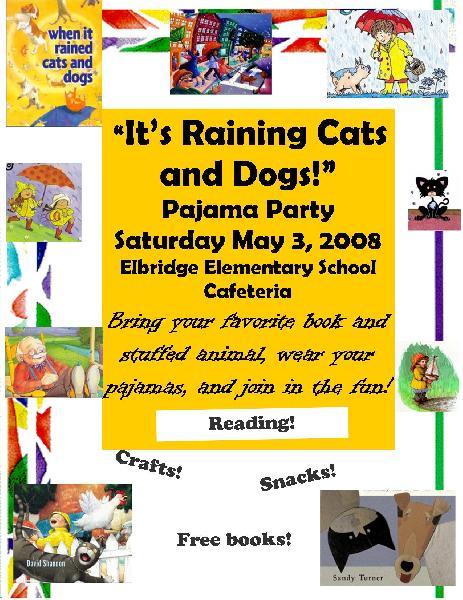 Poster advertising the It's Raining Cats and Dogs Literacy Event